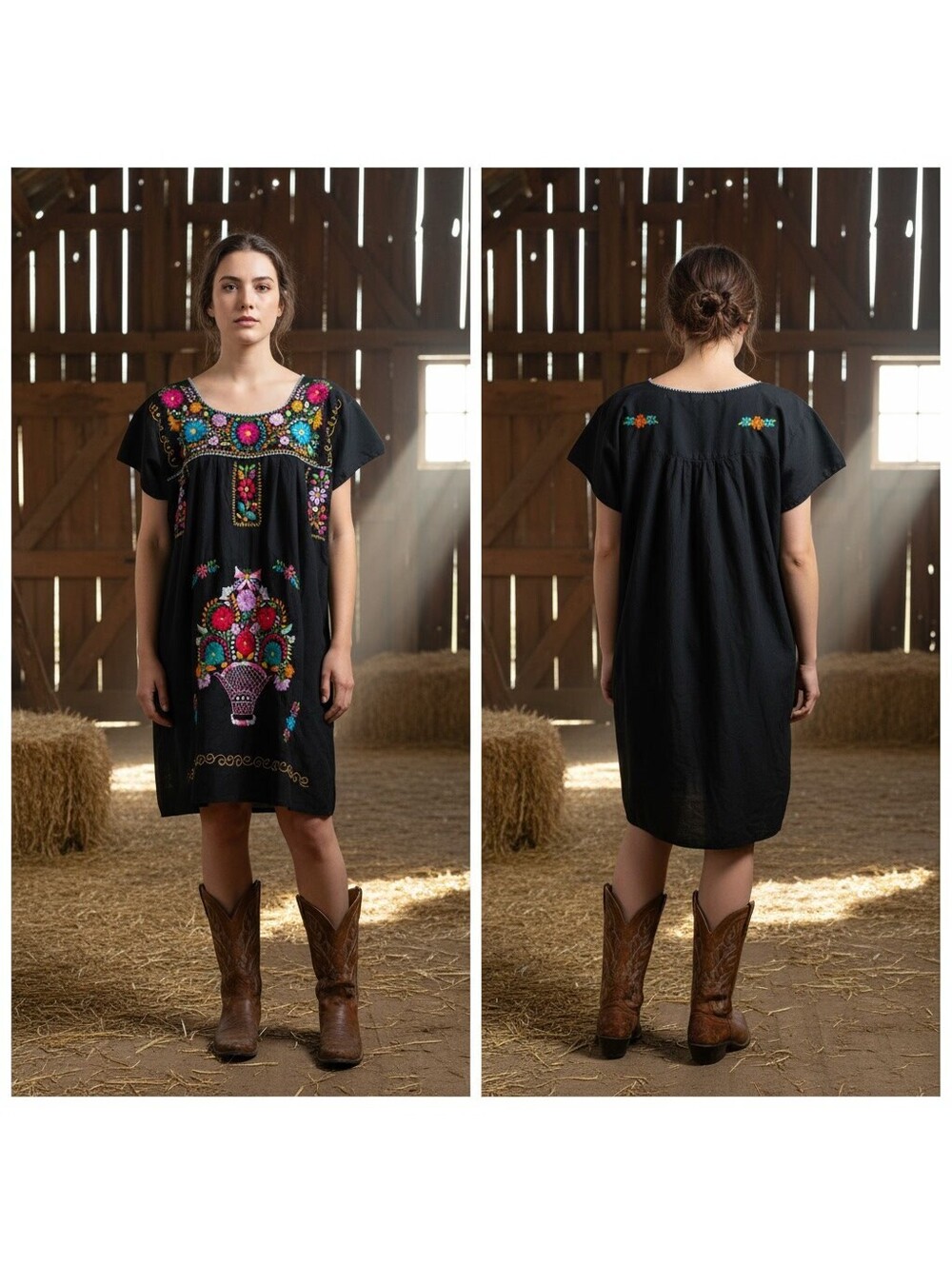 1854 - Liliana Cruz Embroidered Black Cotton Dress Size XL
